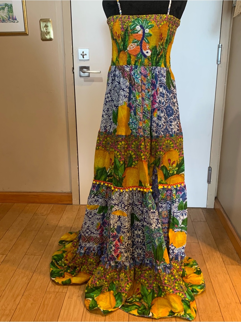 Antica Sartorio One Size BOHO Floral Patchwork Maxi Dress w Smocked bead Bodice